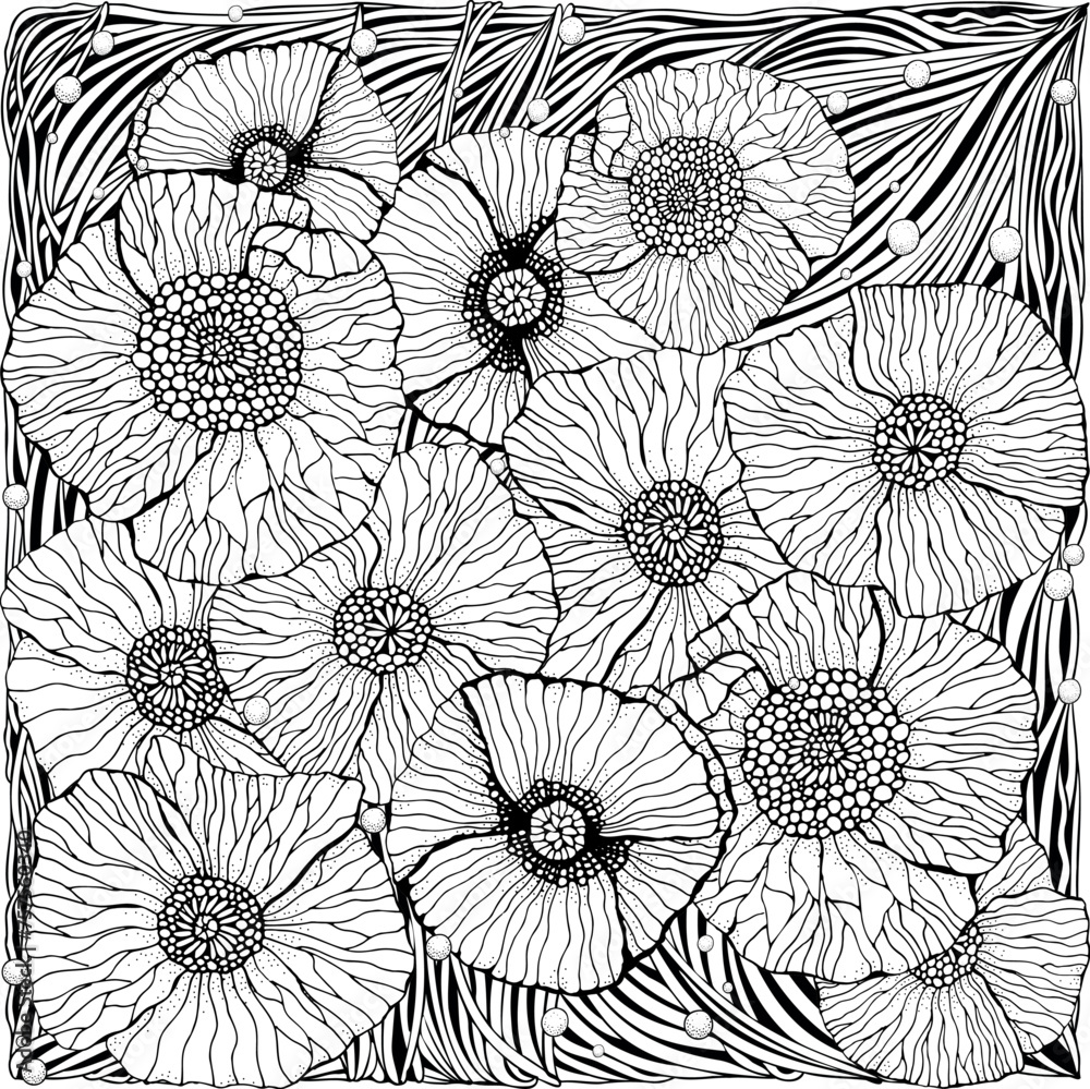 Coloring book page with different flowers in zentangle style. Black and ...
