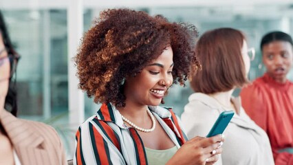 Aufkleber - black woman, meeting and typing with phone for communication, networking or social media at the offi