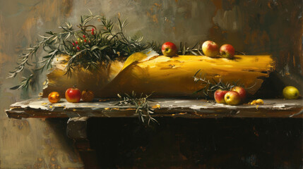 Wall Mural - a painting of a banana, apples, and other fruit on a table with a cloth on top of it.