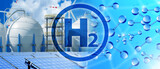 Fototapeta Sawanna - Hydrogen power station. Factory with H2 logo. Hydrogen molecules near manufactory. Exterior of modern power plant. Hydrogen plant with solar panels. Spherical tanks electric station. 3d image