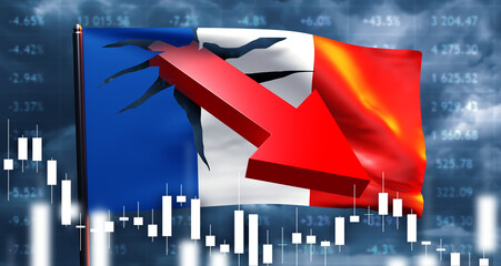 Wall Mural - France economic crisis. French flag with graphic down. Financial crisis in France. Inflationary collapse. Arrow breaking flag metaphor for crisis. Financial collapse. Problem France economy. 3d image