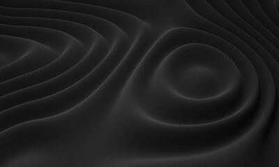 Poster - Black background. Elegant wallpaper. Backdrop in dark wavy fabric. Black background for web design. Minimalistic texture. Pattern made of silk material. Fabric background. 3d image