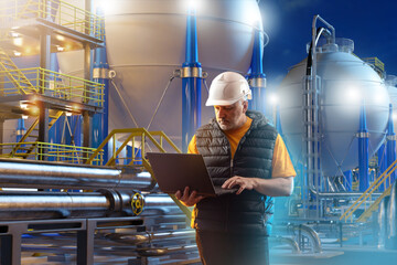 Poster - man is industrialist. worker with laptop on territory factory. guy works in manufactory. technologis