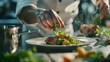 Expert Chef Finalizing a Gourmet Dish with Fresh Herbs - Generative AI