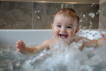 Wall Mural - A baby is splashing in a bathtub, smiling and laughing