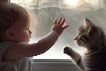 Wall Mural - A baby is reaching out to a cat through a window