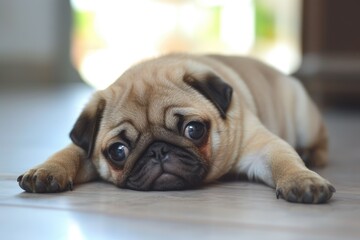 Wall Mural - A small dog is laying on the floor with its eyes closed