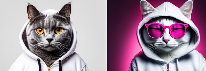 two cats wearing a white hooded jacket on a pink and grey background. concepts of style, creativity, individuality, fun. banner with a portrait of a unique cat.