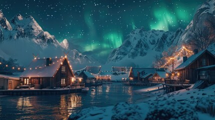 Wall Mural - the winter fishing village to find the best vantage points for capturing the scenic beauty of the Northern Lights against the backdrop of the village and Reinefjord, ensuring authenticity and realism