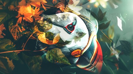 Sticker - a digital painting of a bird sitting on top of a tree with leaves on it's head and eyes.