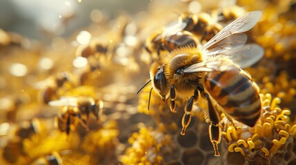 Wall Mural - Worker Honey bees are busy bringing pollen and nectar to the hive while others build and maintain the structure. The comb inside is built in sheets with the leading edge forming a graceful curve 