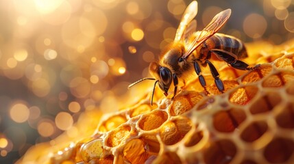 Wall Mural - Yellow beautiful honeycomb with honey and bee, background