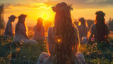 Fototapeta  - Witches' Spring Equinox Renewal Ritual in Nature. Spring Equinox Meditation by  Women in Nature's Blossom