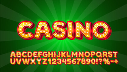 Wall Mural - Casino golden font, color red. English alphabet and numbers sign. Vector illustration