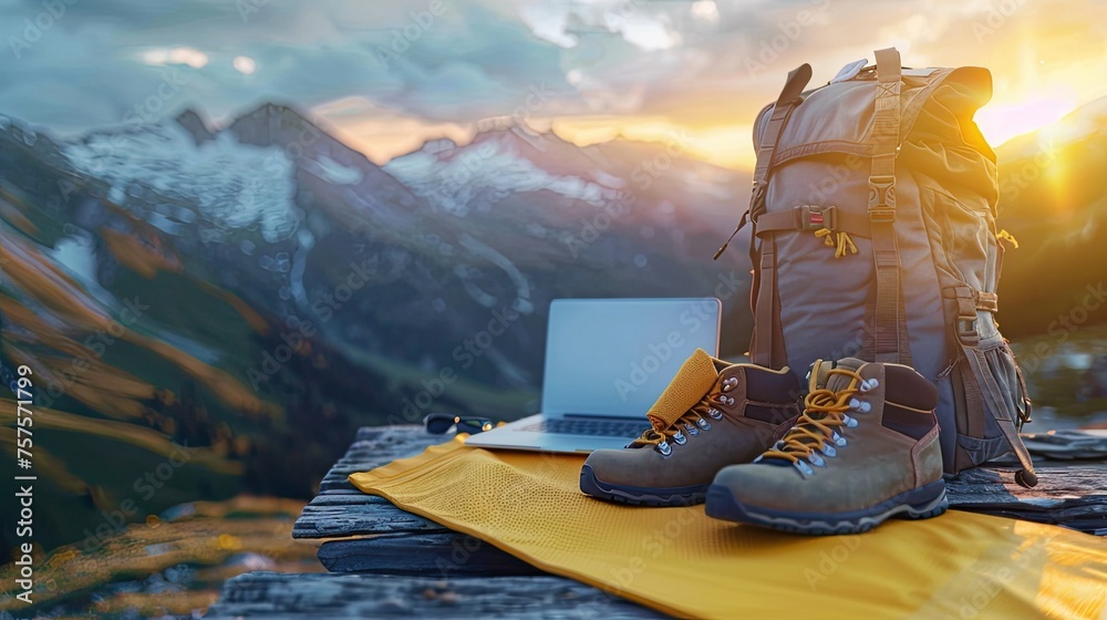 tourist backpack against the backdrop of a mountain landscape and lake ...
