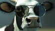 Cartoon character cow head wearing tinted glasses, attention is paid to the details of the tinted glasses, adding reflections and shadows to make them look believable on the cow's face