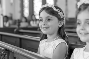 Wall Mural - First communion joy: heartwarming moments of young believers in white dresses, celebrating this sacred Christian sacrament with faith, purity, spirit of spiritual growth in memorable church ceremony.