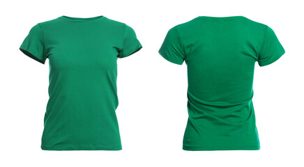 Sticker - Green t-shirt with space for design isolated on white. Back and front views