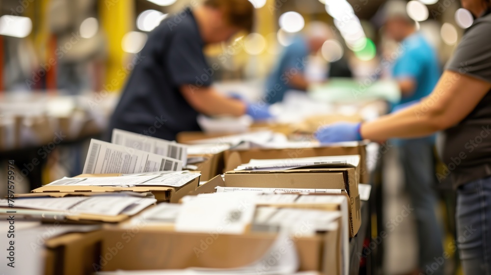 Workers Sorting Packages on Conveyor Belt at Distribution Center During ...