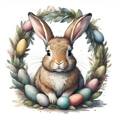 Happy Easter. Rabbit with Easter eggs in watercolor style