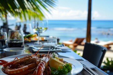 Sumptuous lobster meal on a table overlooking a tranquil blue sea under a clear sky