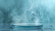 © furyon - Glass podium with crystal-clear blue smoke background, ideal for high-end cosmetic product displays.
