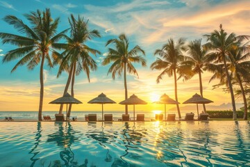 Wall Mural - Sunny tropical beach resort swimming pool with palm trees and chairs under umbrellas at sunset banner for vacation or travel concept Generative AI