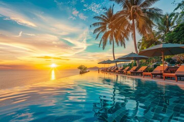 sunny tropical beach resort swimming pool with palm trees and chairs under umbrellas at sunset gener