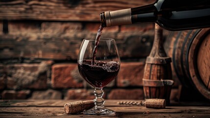 Pouring red wine into the glass against rustic background. Pour alcohol, winery concept.