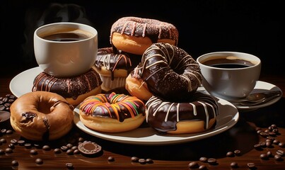 Wall Mural - Coffee with donuts on a wooden background, close up