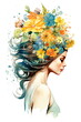 Silhouette of a spring bouquet on female head, watercolor illustration