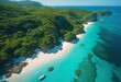illustration, aerial perspective bustling beach crystal clear turquoise waters surrounded lush greenery, Beach, Sand, Water, Turquoise, Clear, Waters