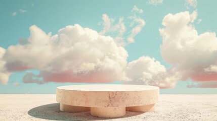 Wall Mural - Retro-inspired podium with a vintage sky background, featuring pastel colors and soft textures.