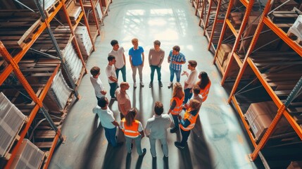 A team of warehouse workers in safety vests engage in a group discussion in a large modern logistics center. AIG41