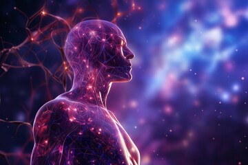 Wall Mural - silhouette of a human body with the blood circulatory system and neural connections around head and brain, vegetative system, dark blue background, biotechnology concept