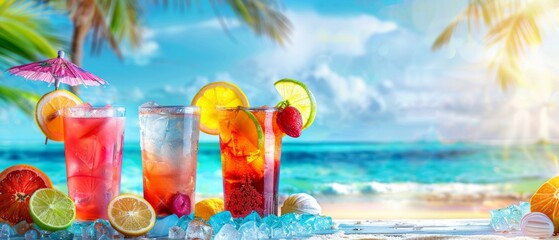 Wall Mural - Colorful cocktails and tropical drinks on the beach with space for text, banner panorama Generative AI