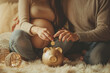 Pregnant woman with partner inserting coin into piggy bank, preparing for future expenses