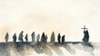 Stylized watercolor painting of a silhouette procession with cross