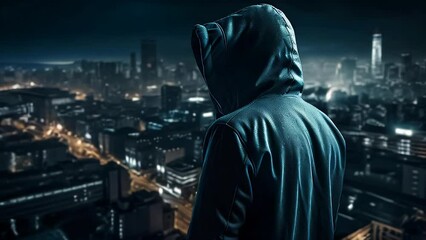 Poster - Hacker computer cybercriminal criminal with a jacket and a hood on the background of a big city at night. Concept computer data security