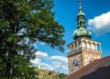 Church of Saint Wenceslas in Mikulov town with Holy Hill on background in Czech Republic