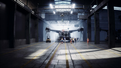 Wall Mural - Robot walking. Production of military futuristic ship at the factory. Future concept. 3d rendering.