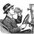 man in a bowler hat drinking alcohol while driving an old car sketch engraving generative ai fictional character vector illustration. Scratch board imitation. Black and white image.