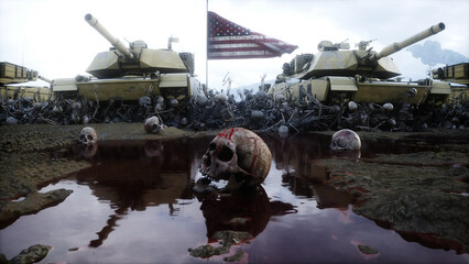 American military tanks Abrams and skulls. Help for ukraine. Anti war concept. 3d rendering.