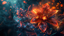 Beautiful Fiery Flower On A Dark Background. Digital Art. The Image Is Impressive In Its Unexpectedness And Can Be Used In Design In A Wide Variety Of Areas.