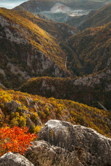 Sticker - Scenic morning shot of colorful river canyon with lots of trees and cliffs, with road and railway going through, during autumn, river Djetinja, Uzice, Serbia