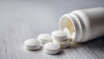 White round pills on white background symbolize purity and health, isolated, beautiful, unique