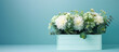 light rectangular flower box with brassica,trachelium,dianthus,eucalyptus,lisianthus,sedum,dahlia,white-green scale,on a blue background,copy space,floristry concept,gardening,landscape design,