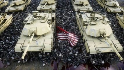 Poster - American military tanks Abrams and skulls. Help for ukraine. Anti war concept. 3d rendering.