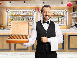 Poster - Waiter holding a box of cigars