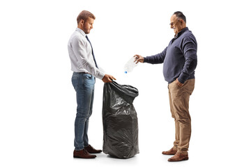 Poster - Mature man throwing a plastic bottle in a black waste bag held by a younger man